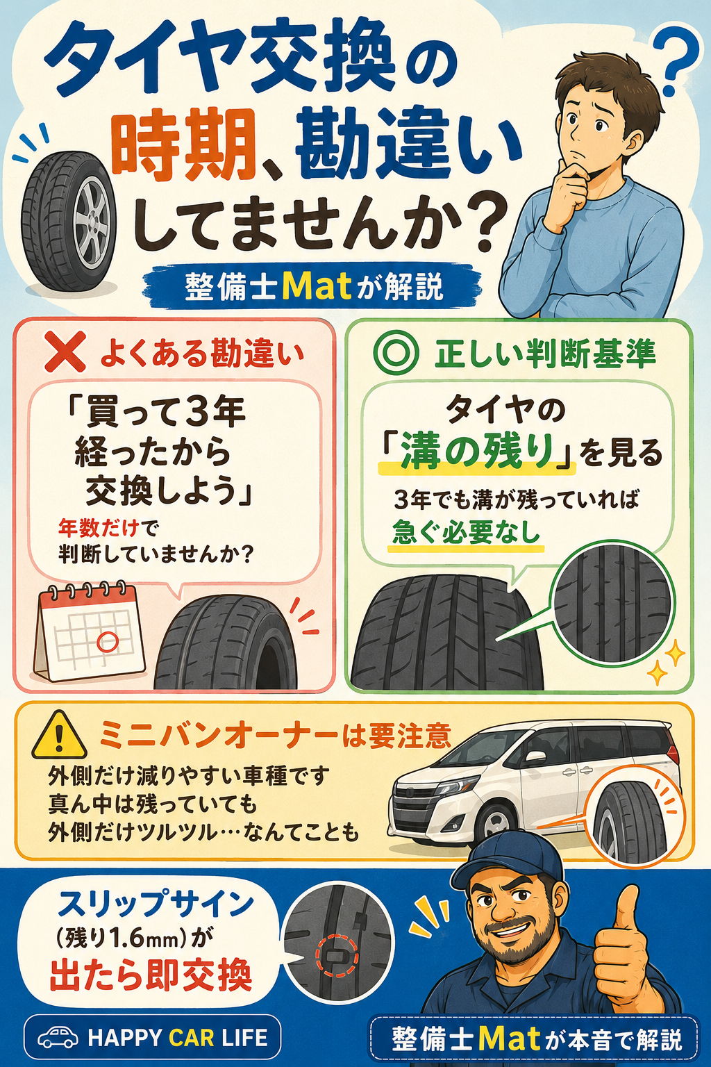 タイヤ交換は年数より溝の残りで判断。ミニバンは外側の減りに注意