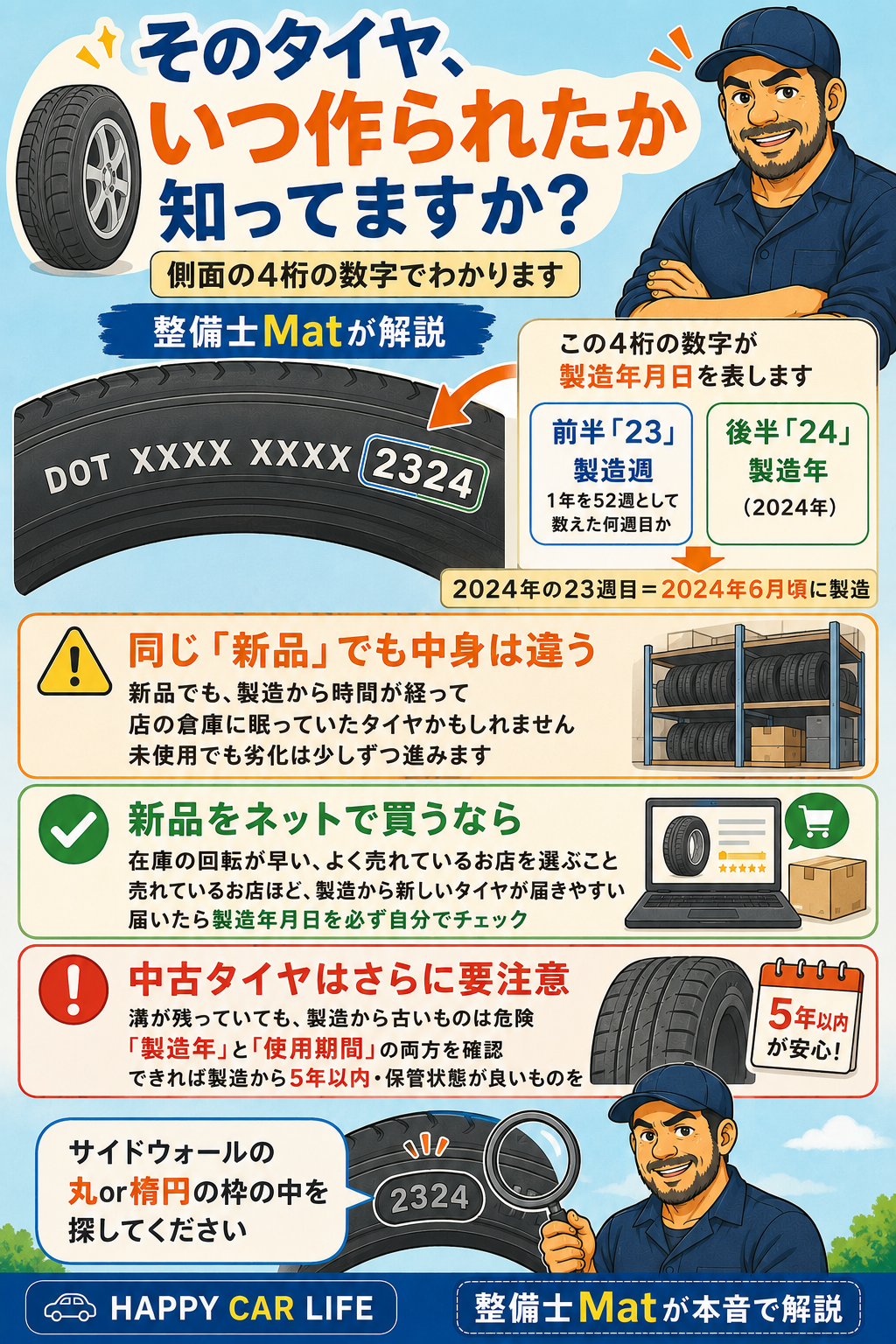 タイヤの製造年月日の見方。新品でも製造年をチェック