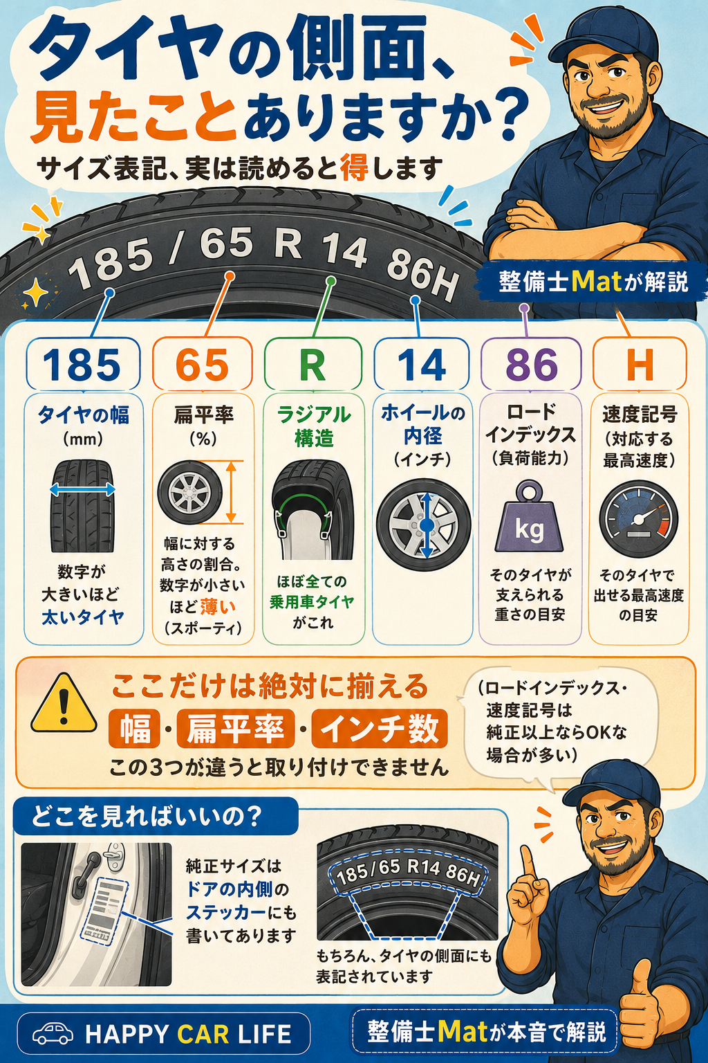 タイヤサイズの見方。幅・扁平率・インチ数の読み方