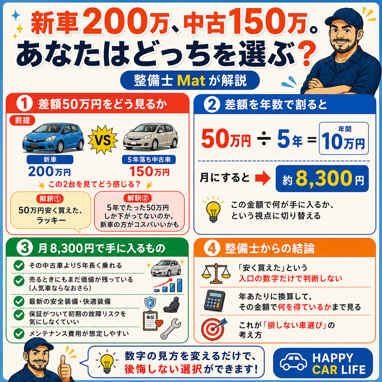 新車と中古車、差額50万円を年数で割って考える図解。新車200万円と5年落ち中古150万円を比較し、差額を年数で割ると月8,300円になることを解説