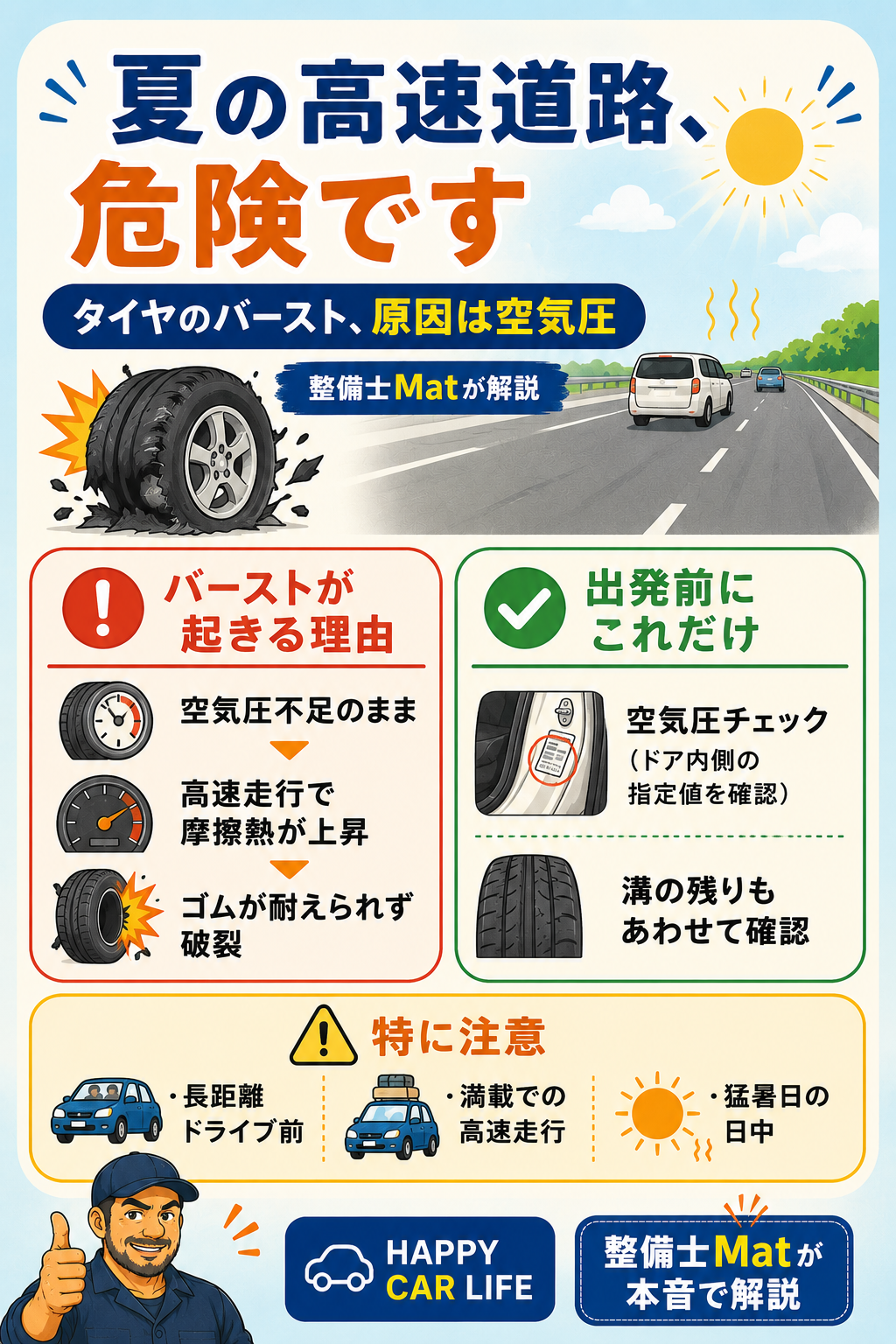 夏の高速道路はタイヤバーストに注意。空気圧と溝のチェックを