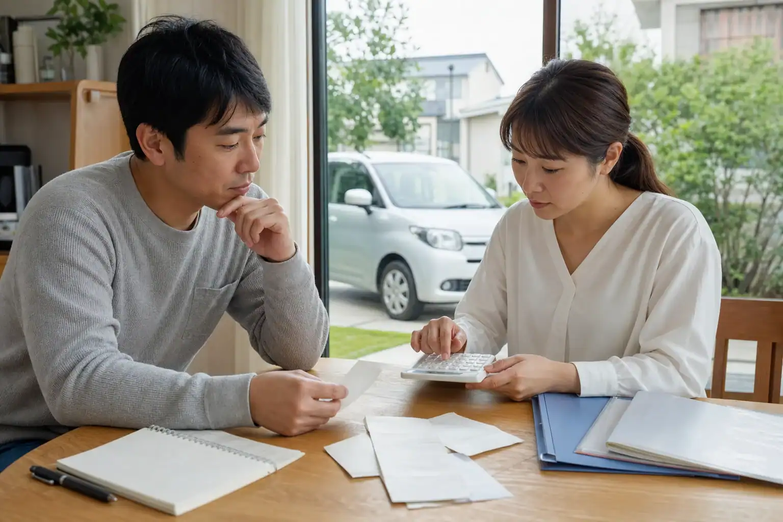 コンパクトカーの年間維持費を計算する夫婦
