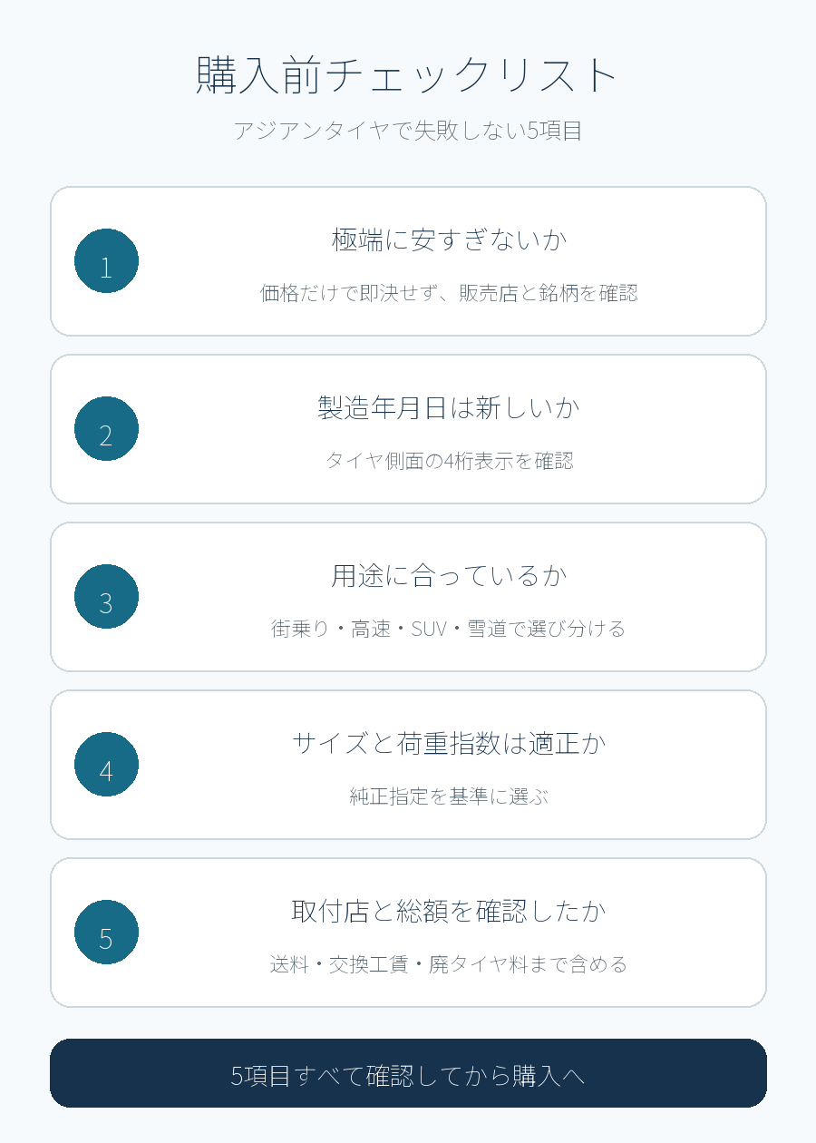 アジアンタイヤ購入前の5項目チェックリスト