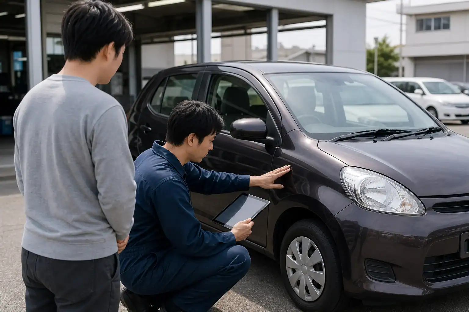 中古車の外装を査定する買取店スタッフと車の所有者