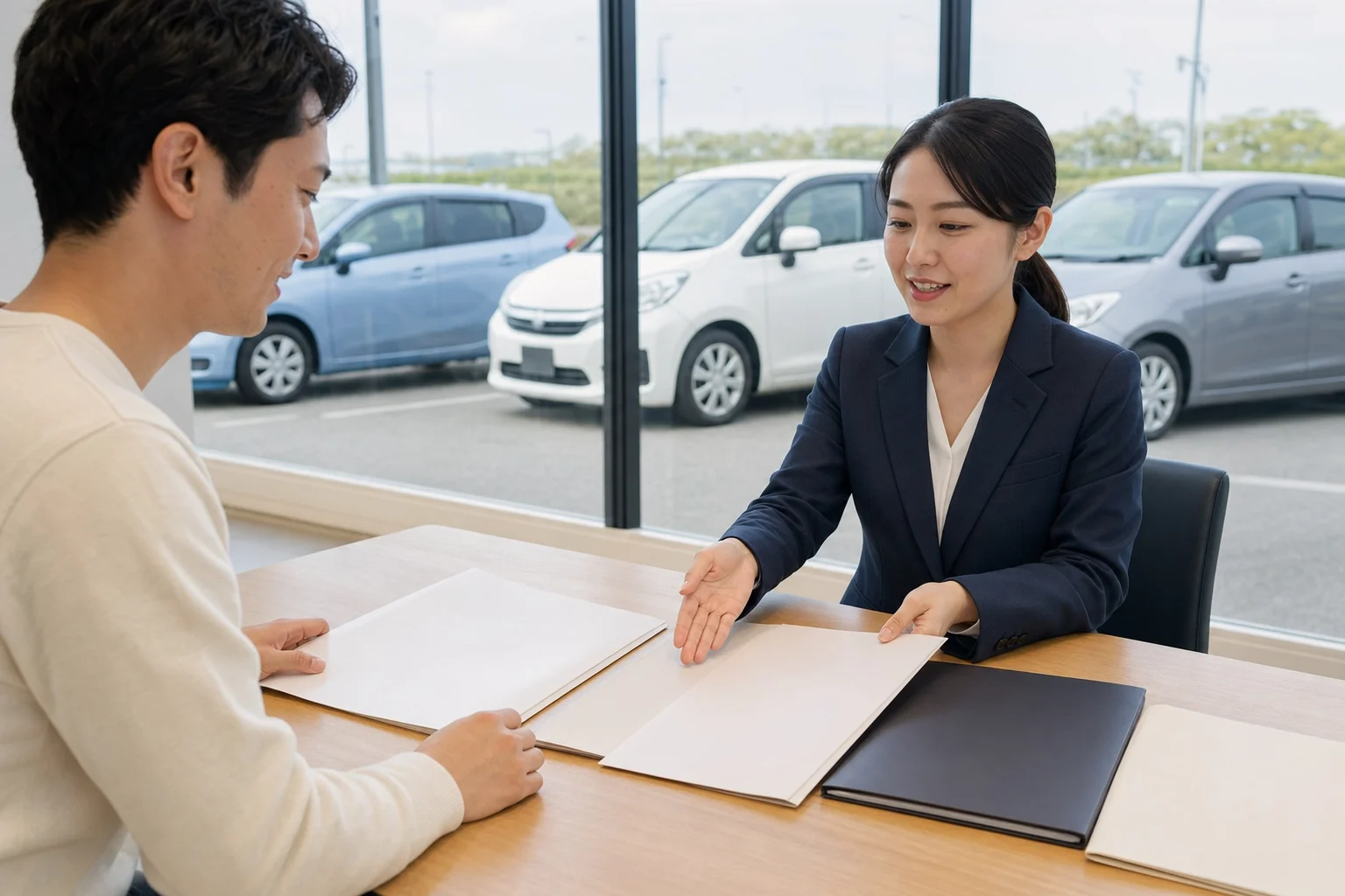カーリースの選択肢を相談する利用者と自動車アドバイザー
