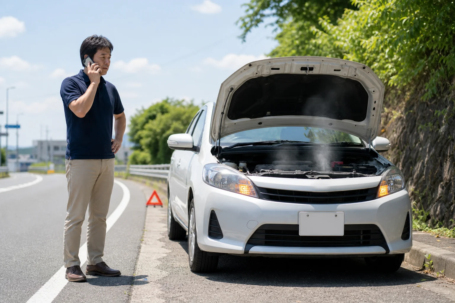 オーバーヒートして安全な場所に停車しロードサービスへ連絡する様子