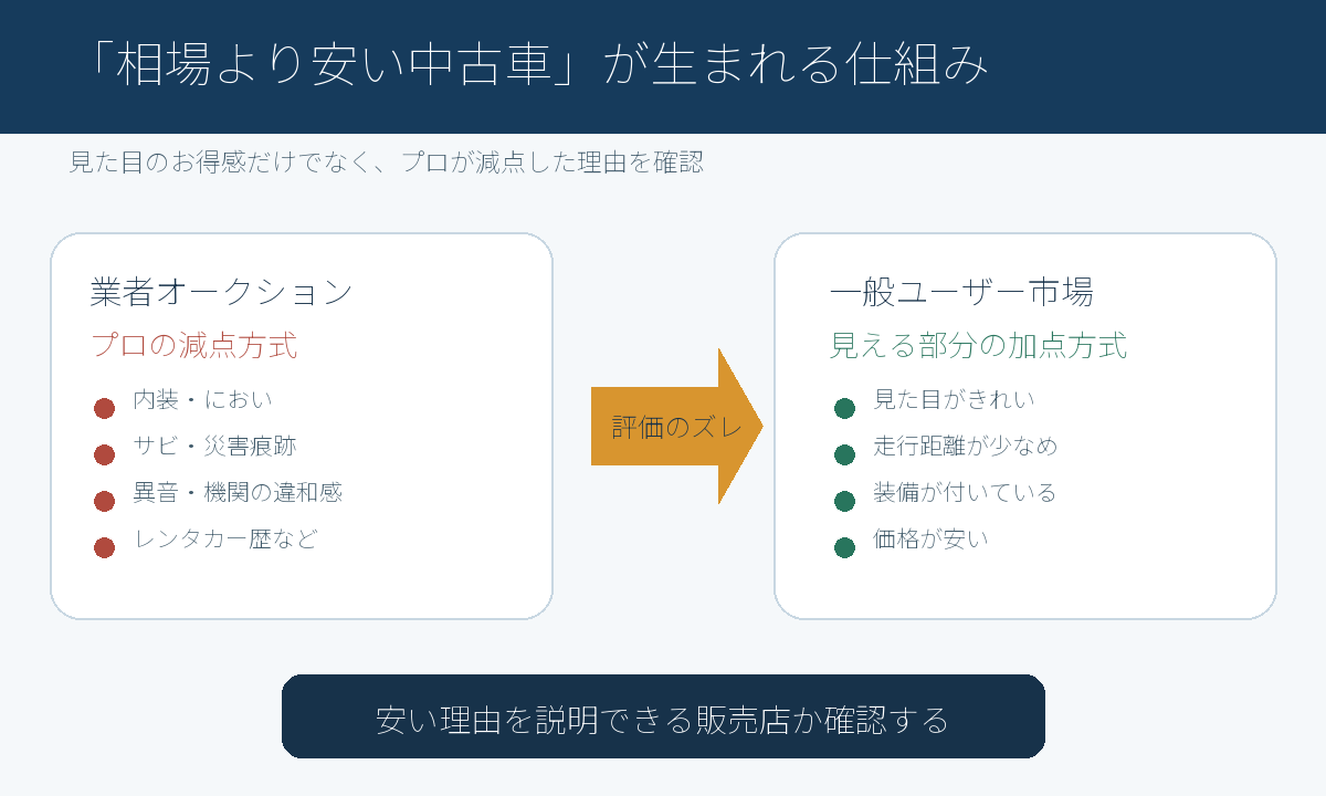 業者オークションの減点方式と一般ユーザー市場の加点方式の違い