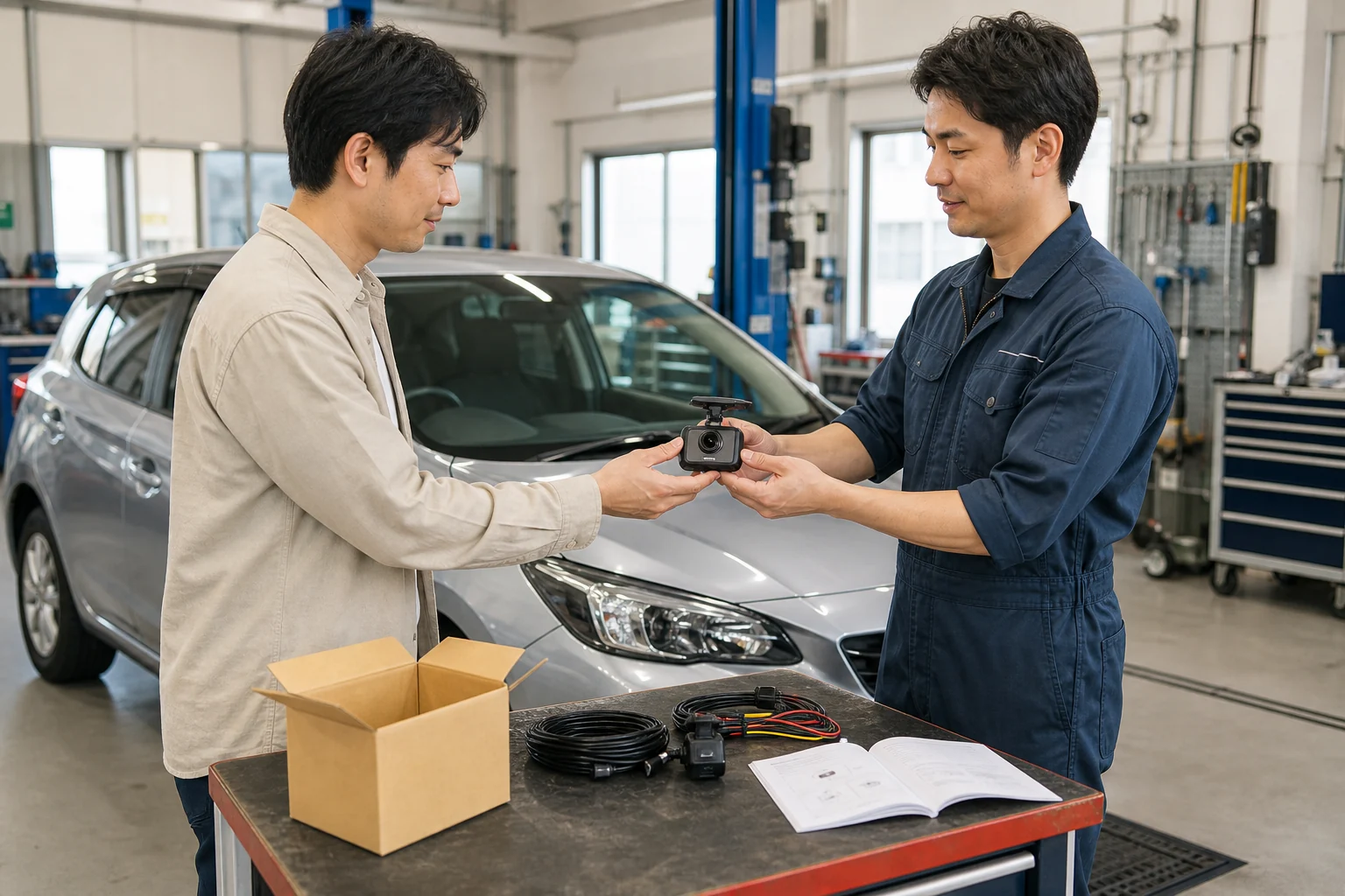 持ち込みドラレコの部品を整備士と確認する利用者