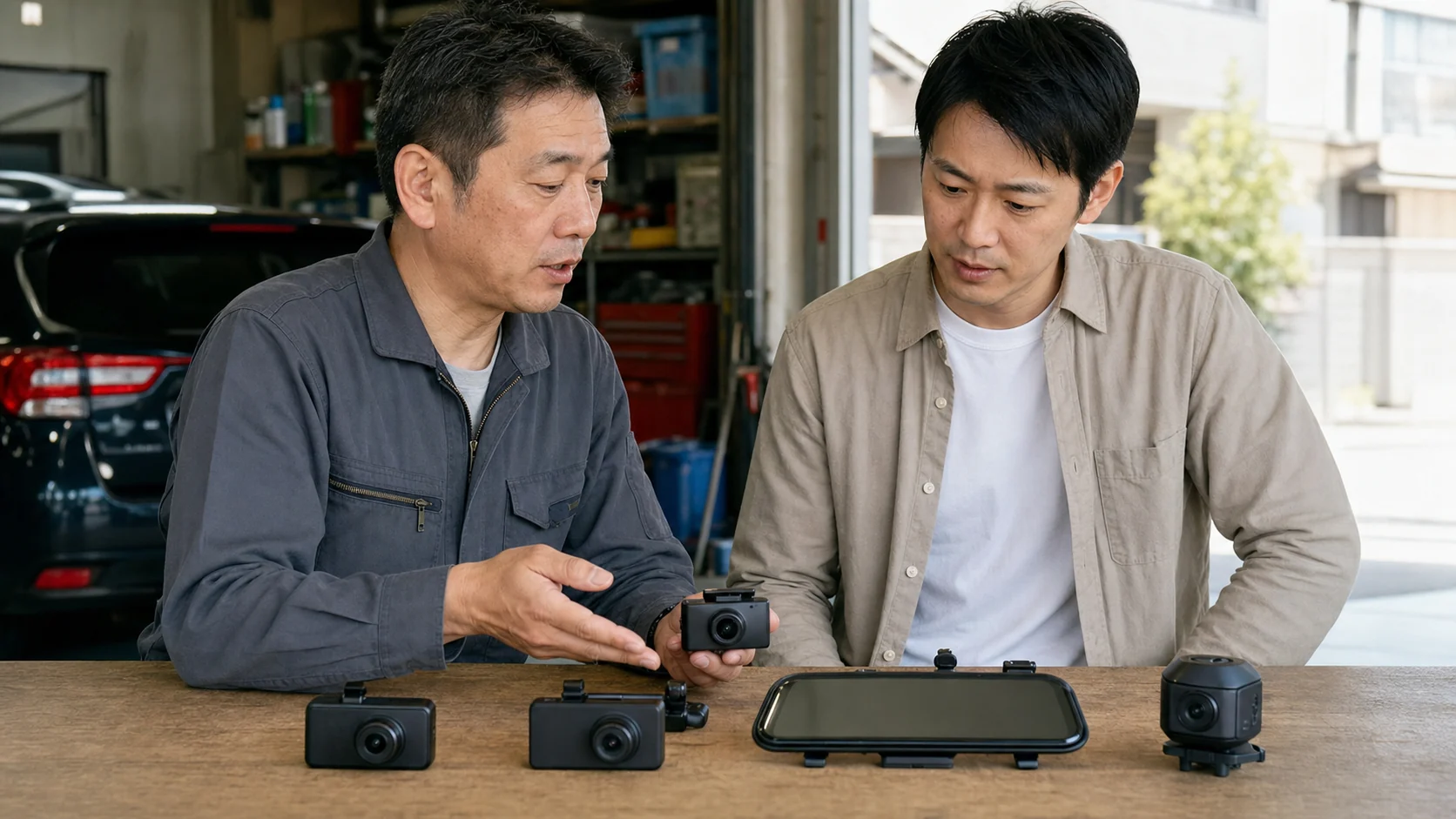 複数タイプのドライブレコーダーを比較する整備士と利用者