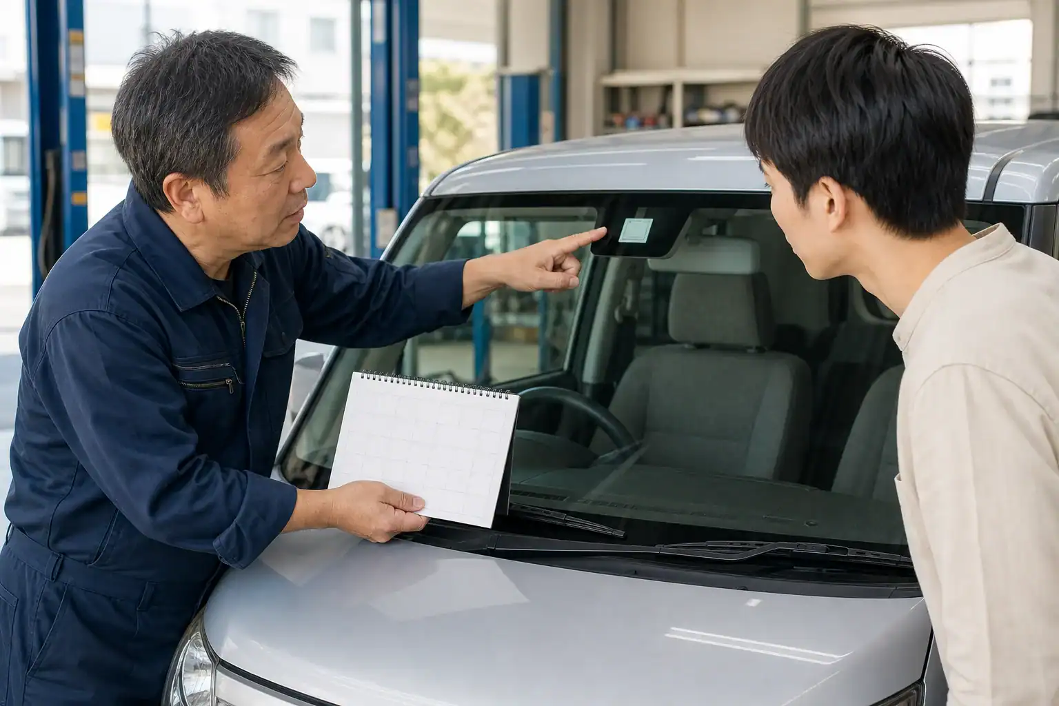 車検の有効期限を確認する整備士と利用者