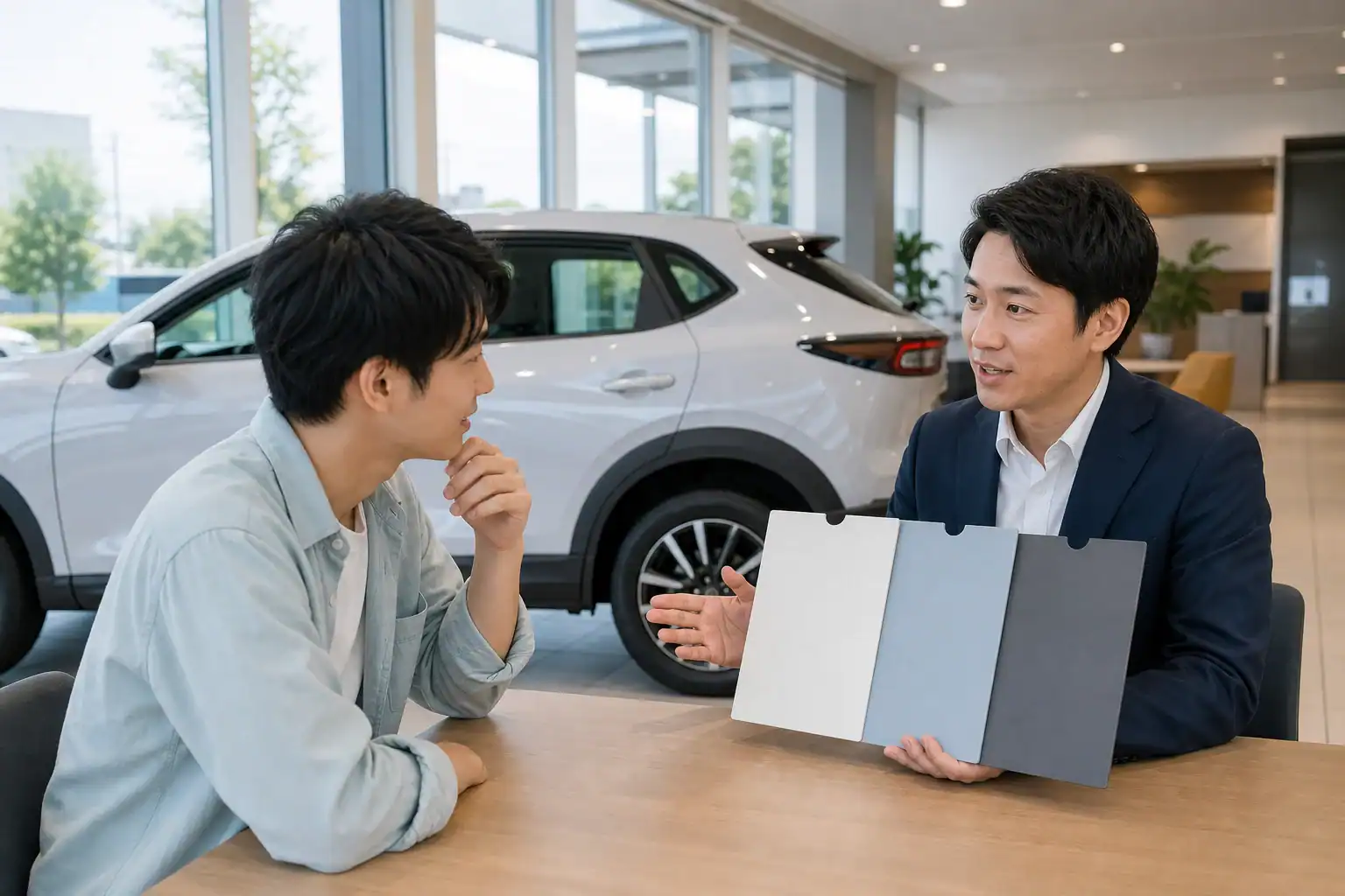 KINTOの仕組みを相談する若い利用者と自動車アドバイザー