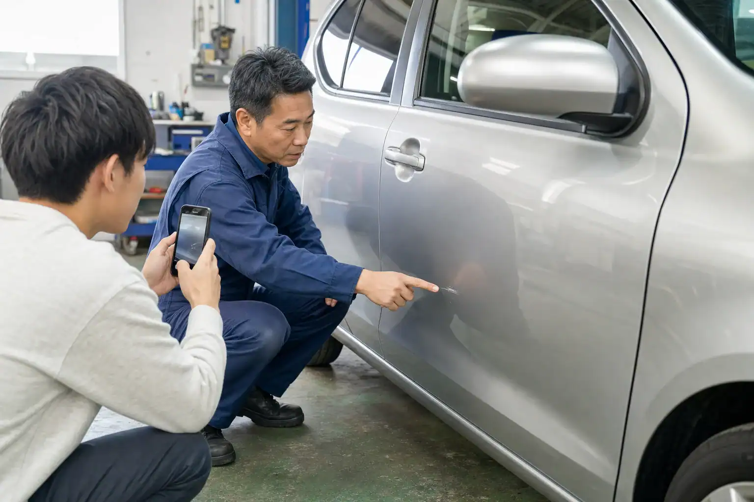 リース車の小さな傷を整備士と確認して写真に残す様子