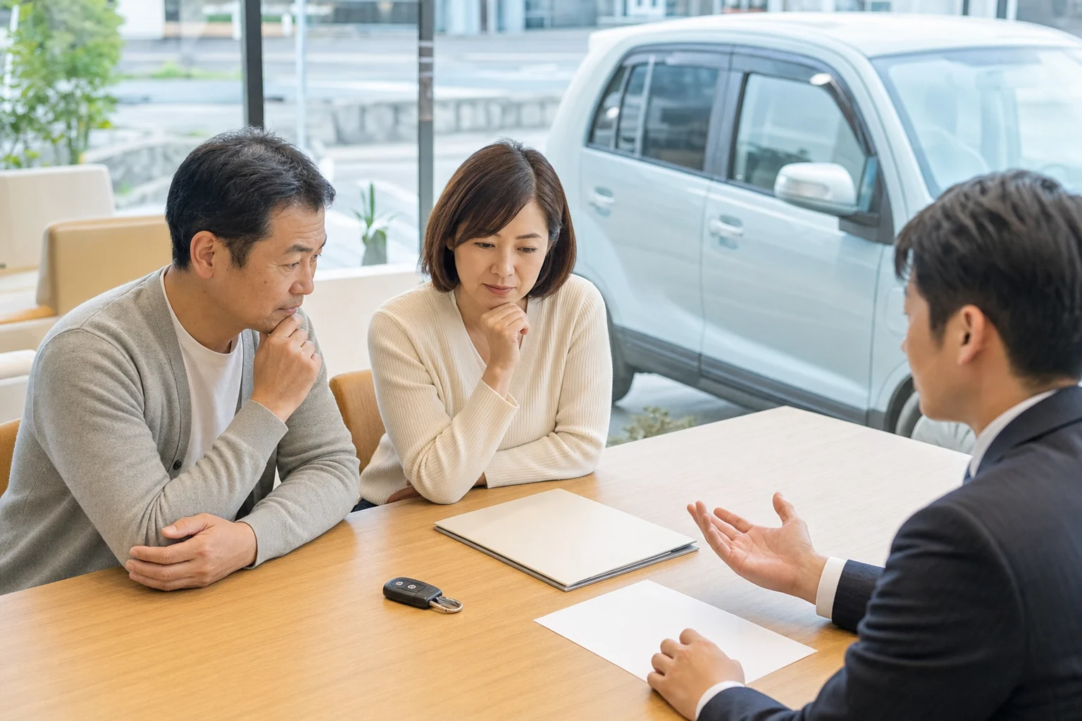 カーリース満了後の選択肢を相談する夫婦とスタッフ