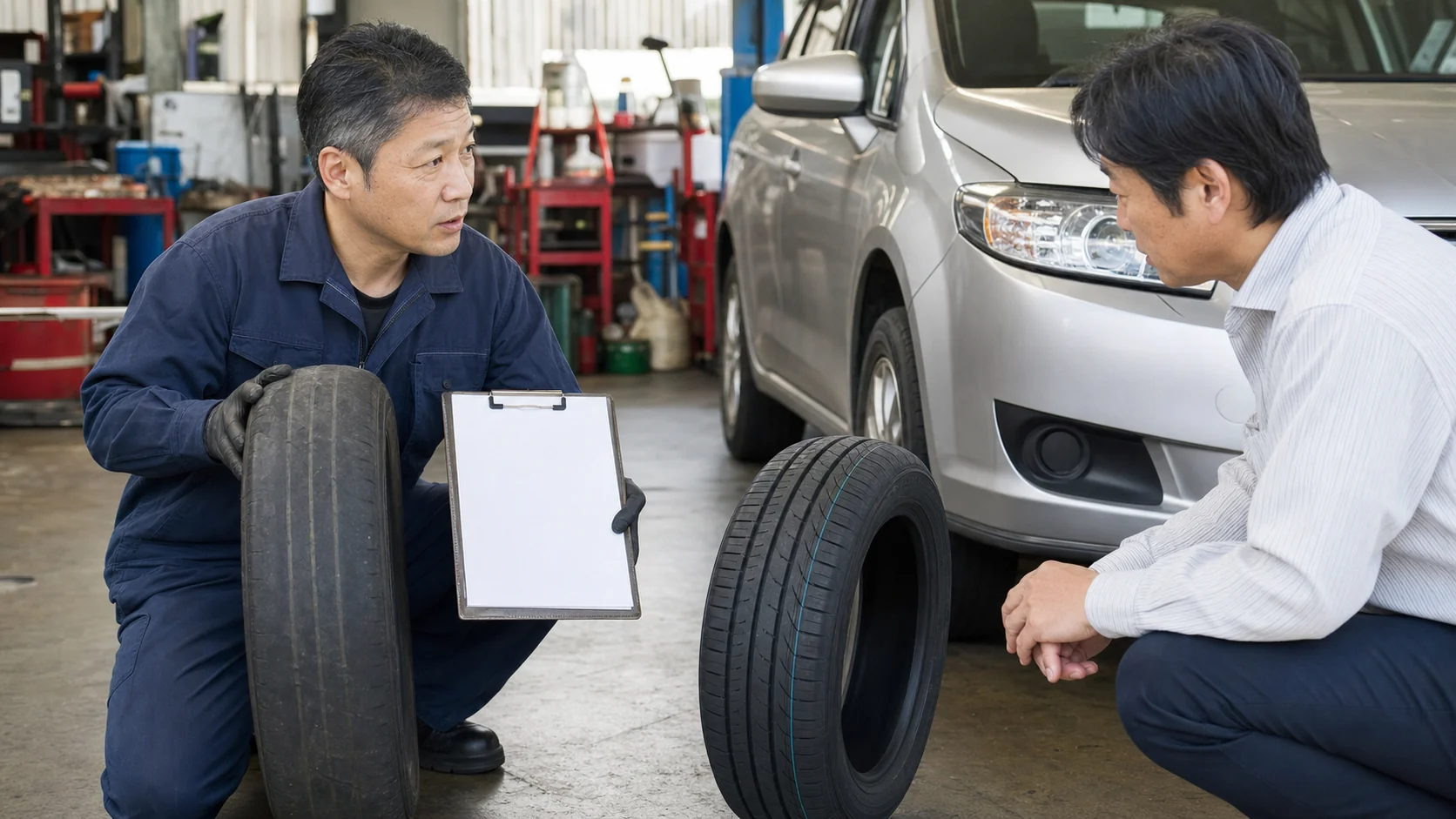 リース車のタイヤ交換費用を整備士に相談する利用者