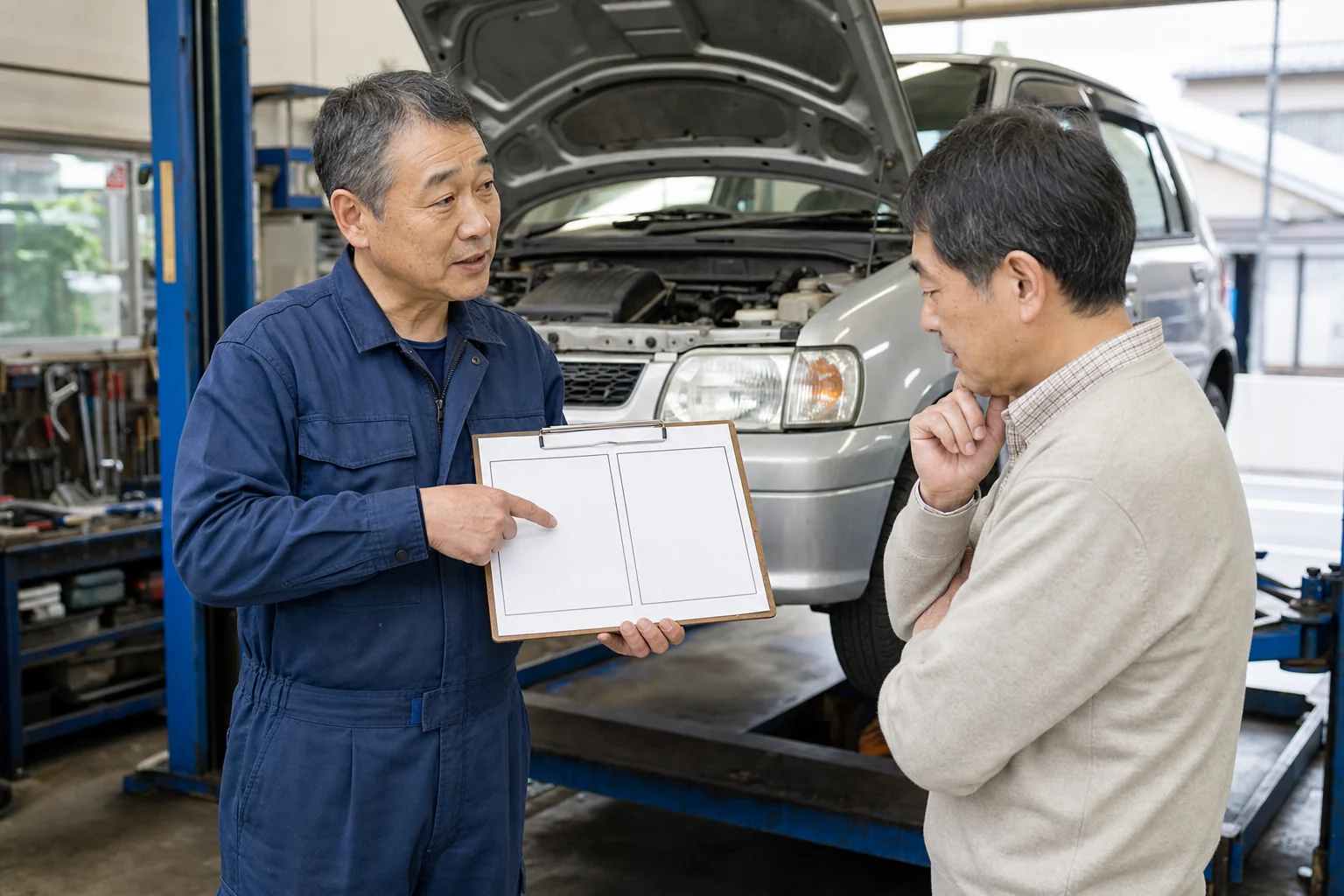 修理見積もりを見ながら直すか手放すかを相談する整備士と車の所有者