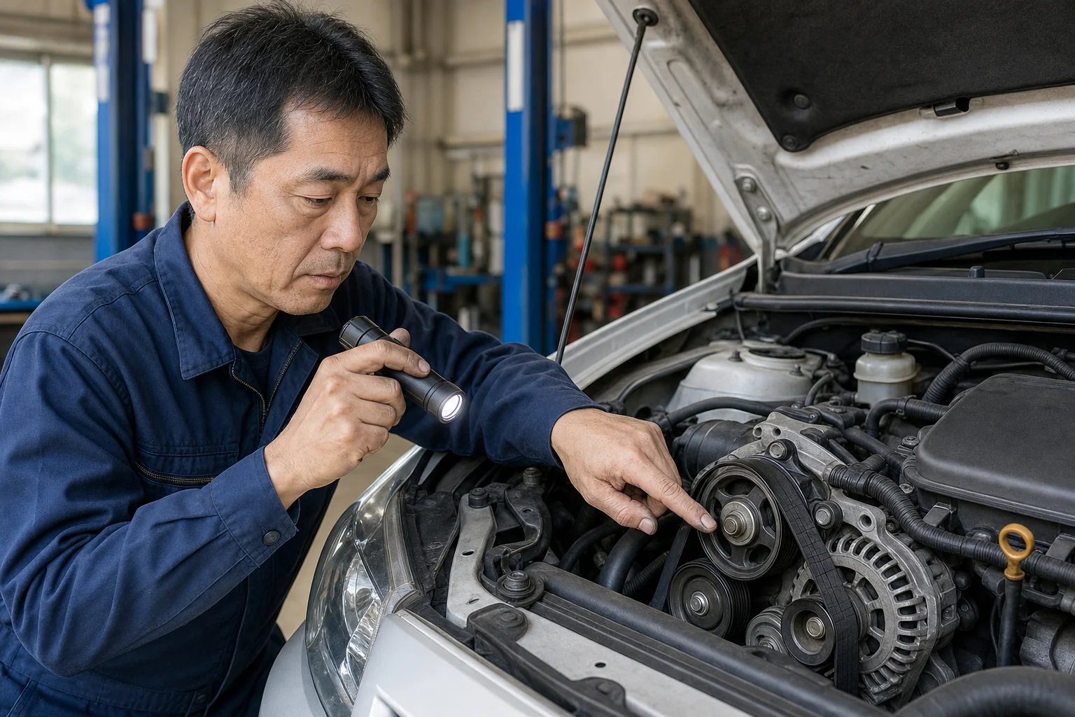 補機ベルトを点検する整備士