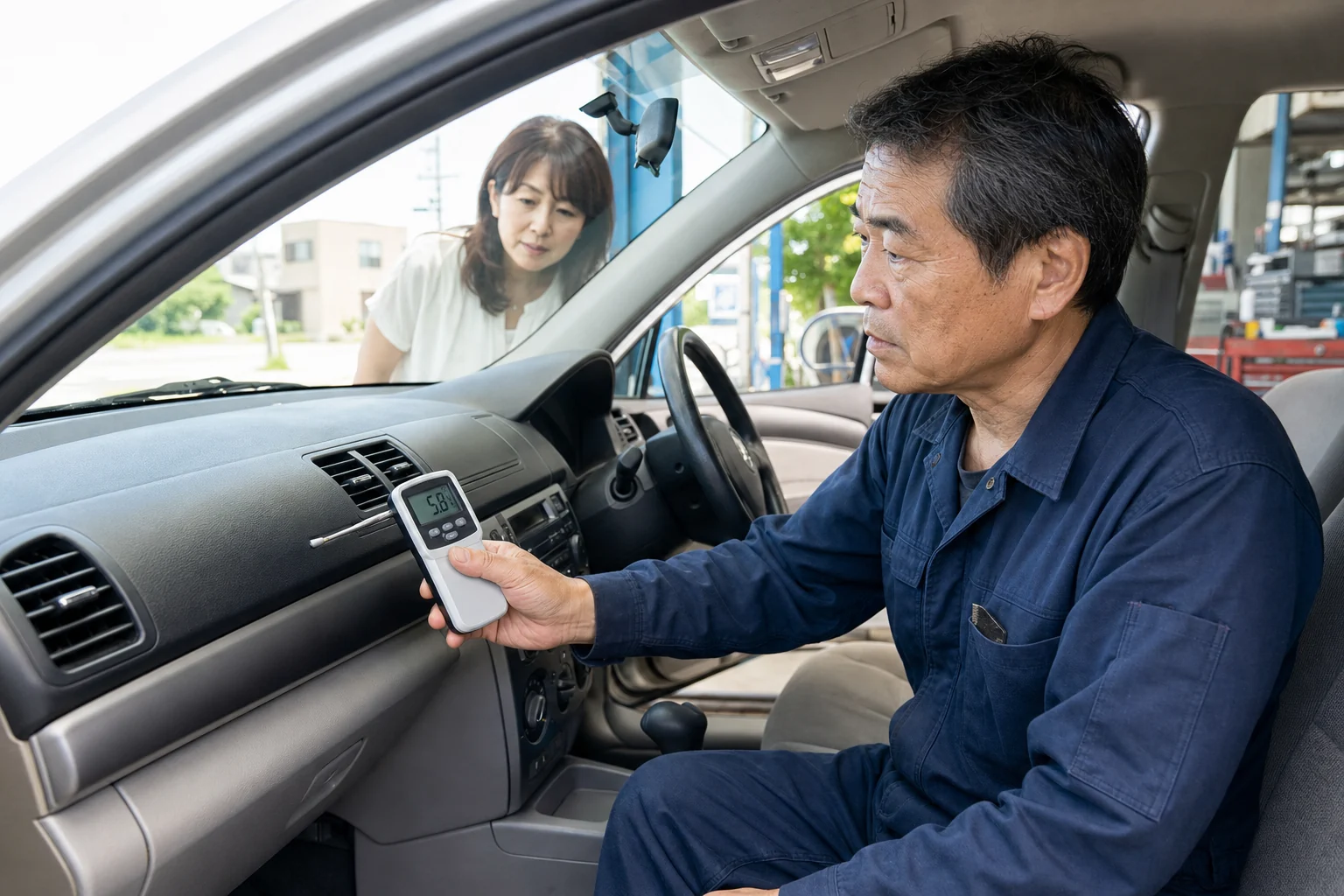 吹き出し口の温度を測ってカーエアコンを診断する整備士