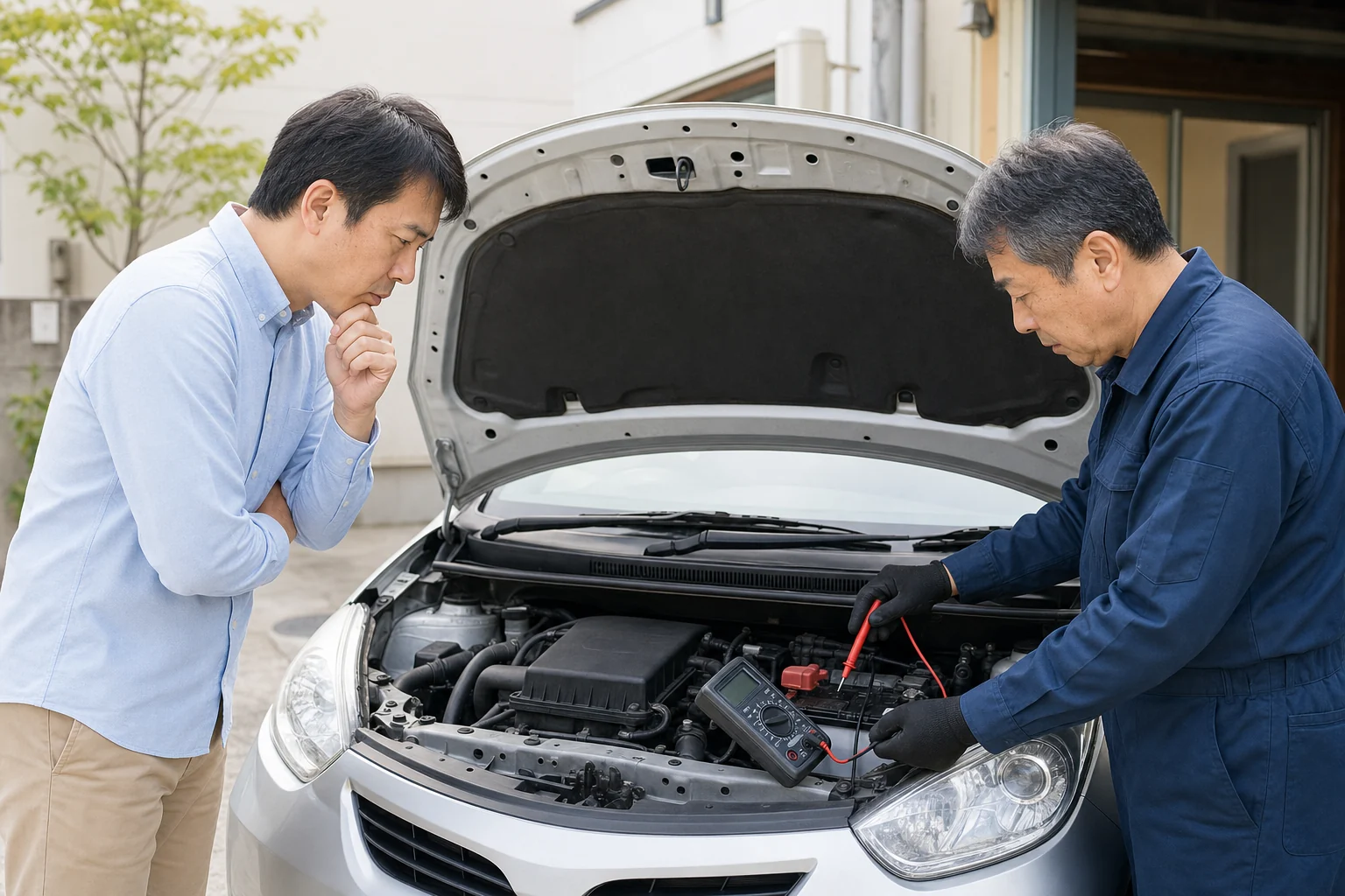 車のバッテリーをテスターで点検する整備士