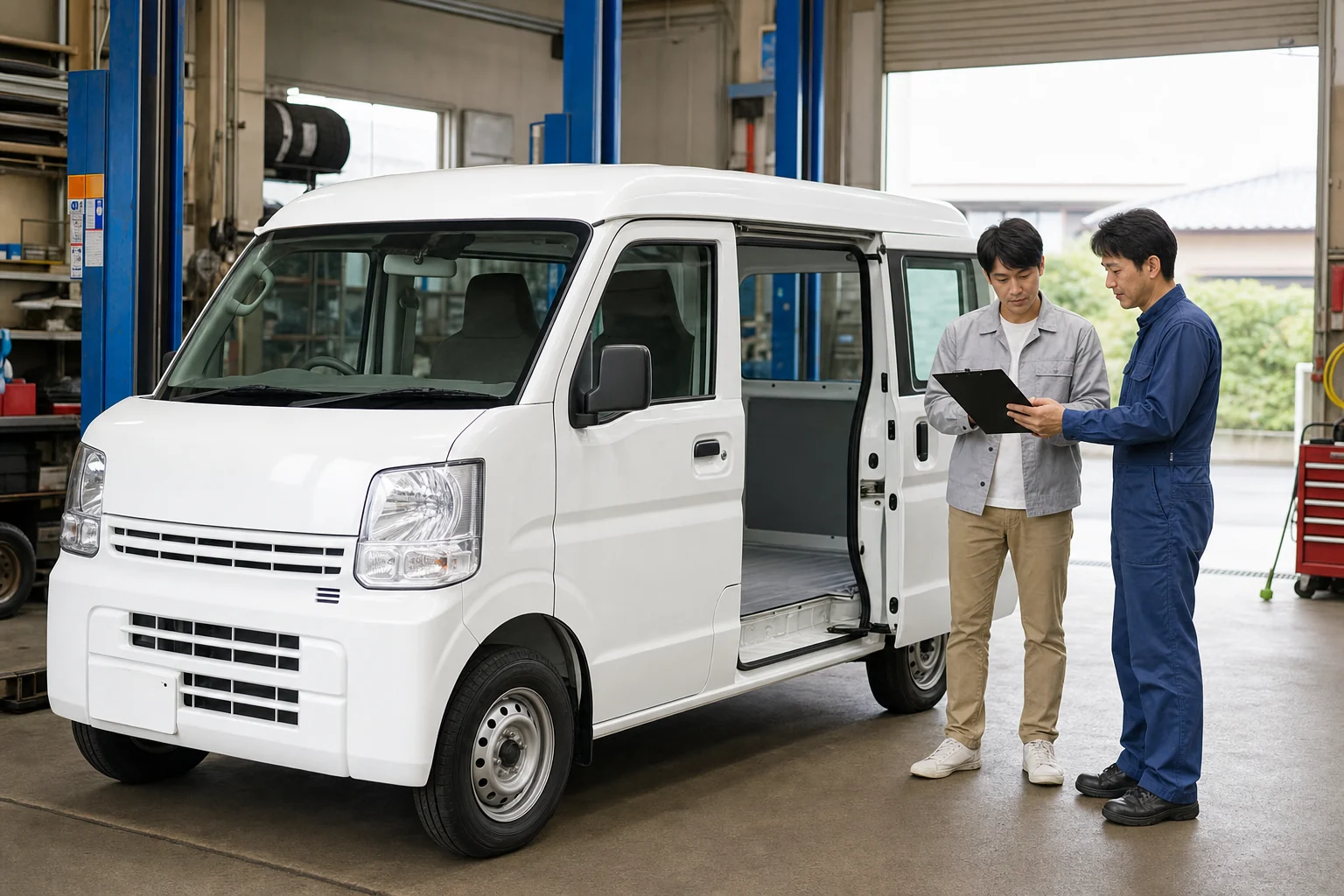 開業用の軽貨物バンを整備士と確認する事業者