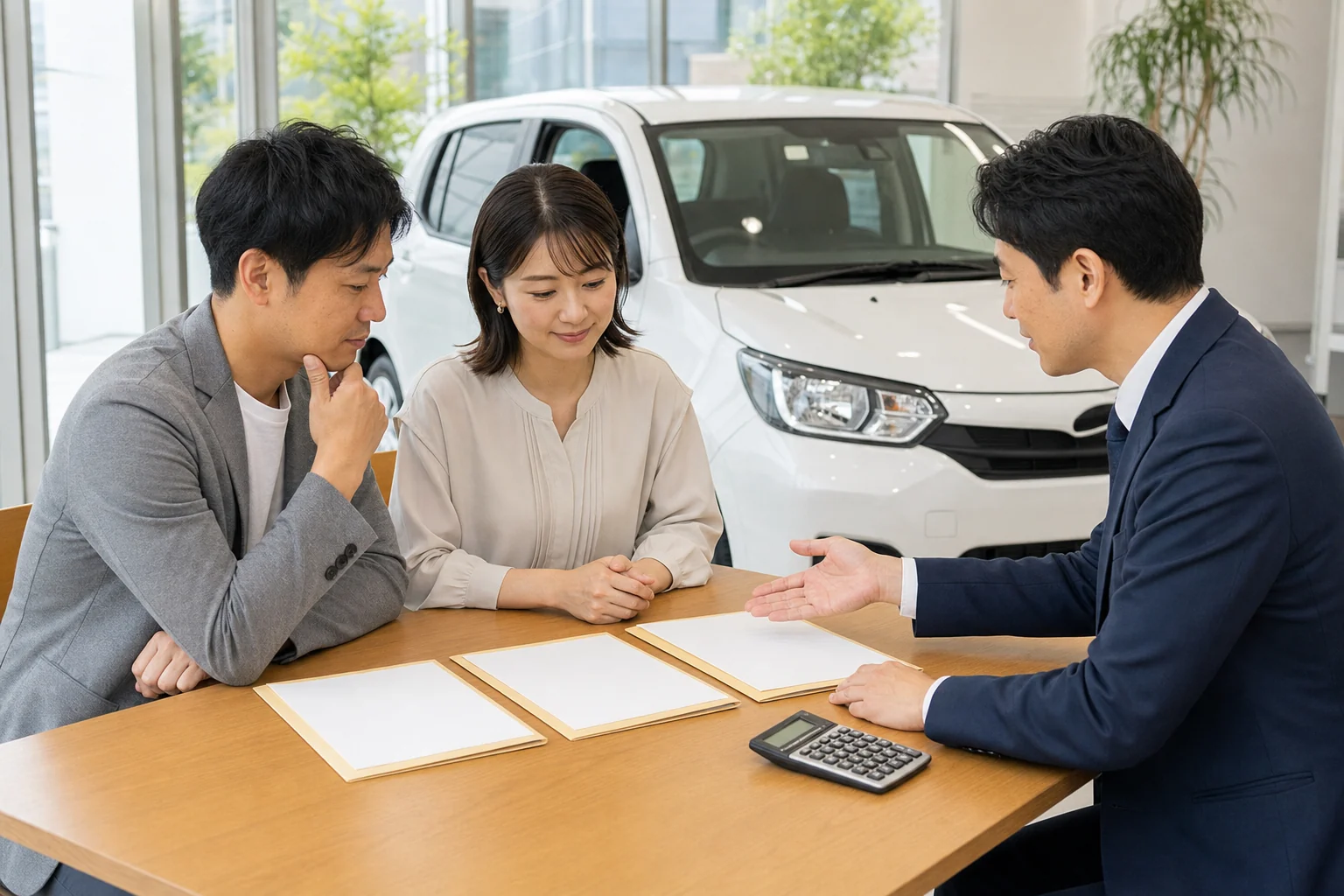 現金・ローン・カーリースの支払い方法を比較する夫婦と自動車アドバイザー