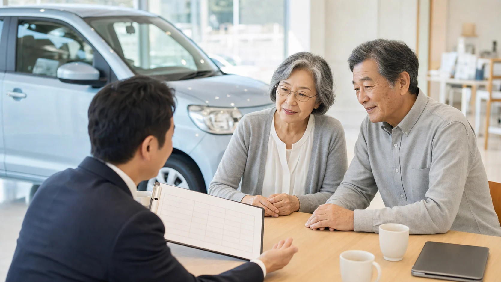 年金生活でのカーリースを相談するシニア夫婦
