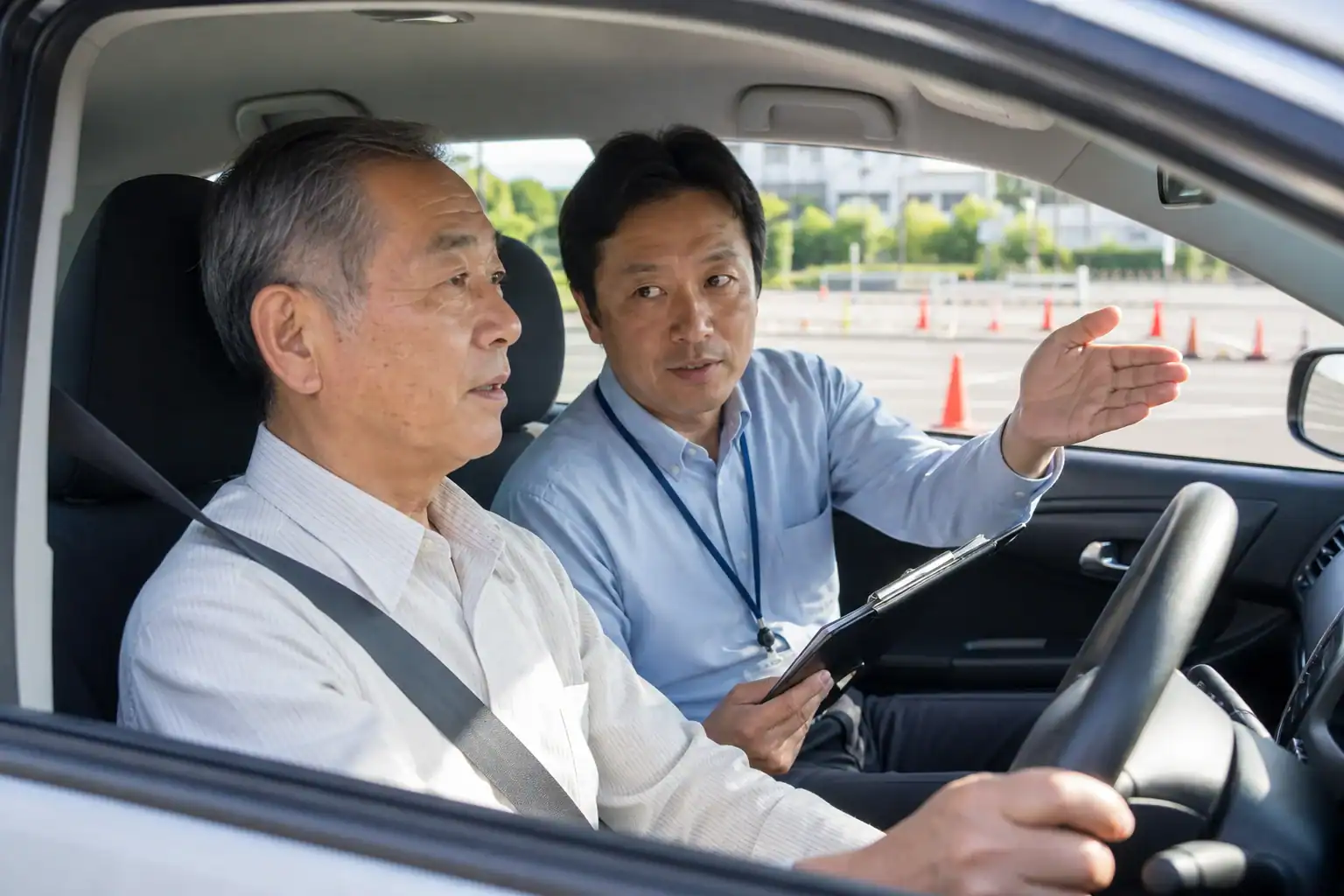 高齢者講習の実車運転で指導を受けるシニアドライバー