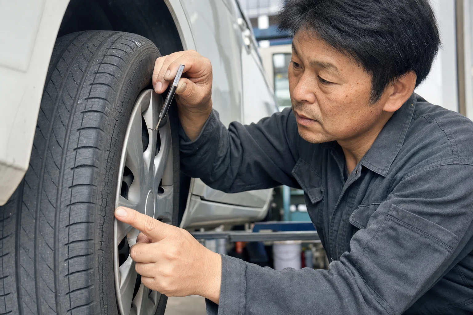 タイヤのひび割れと残り溝を点検する整備士