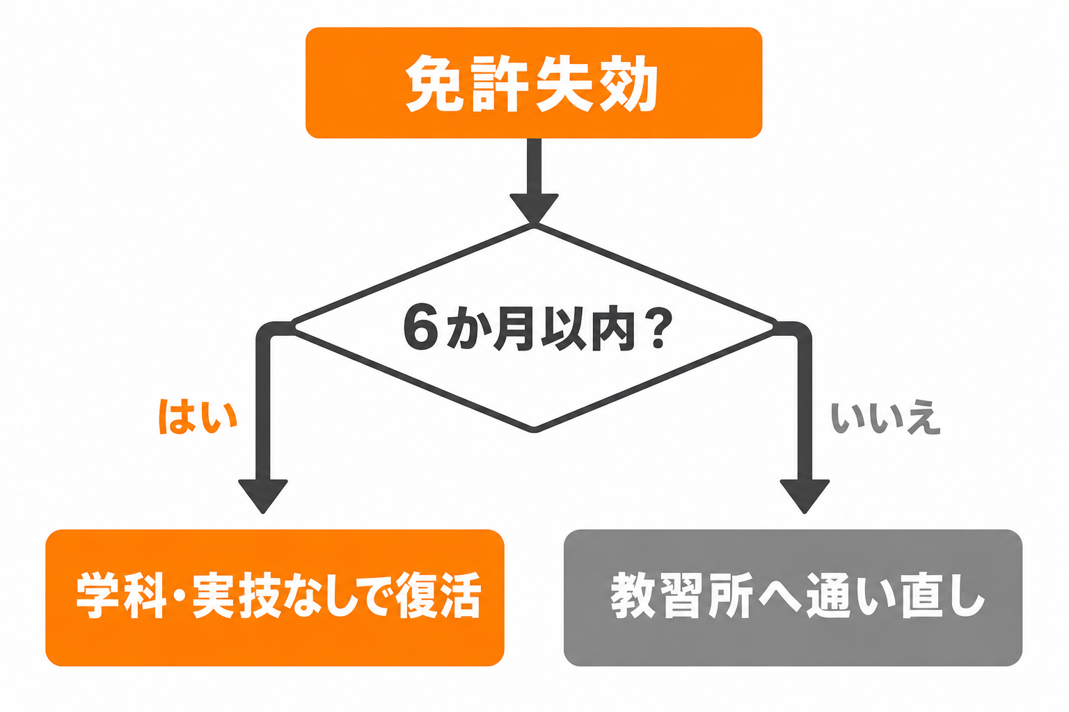 免許失効から6か月以内かどうかで復活できるかが分かれる分岐フローチャート