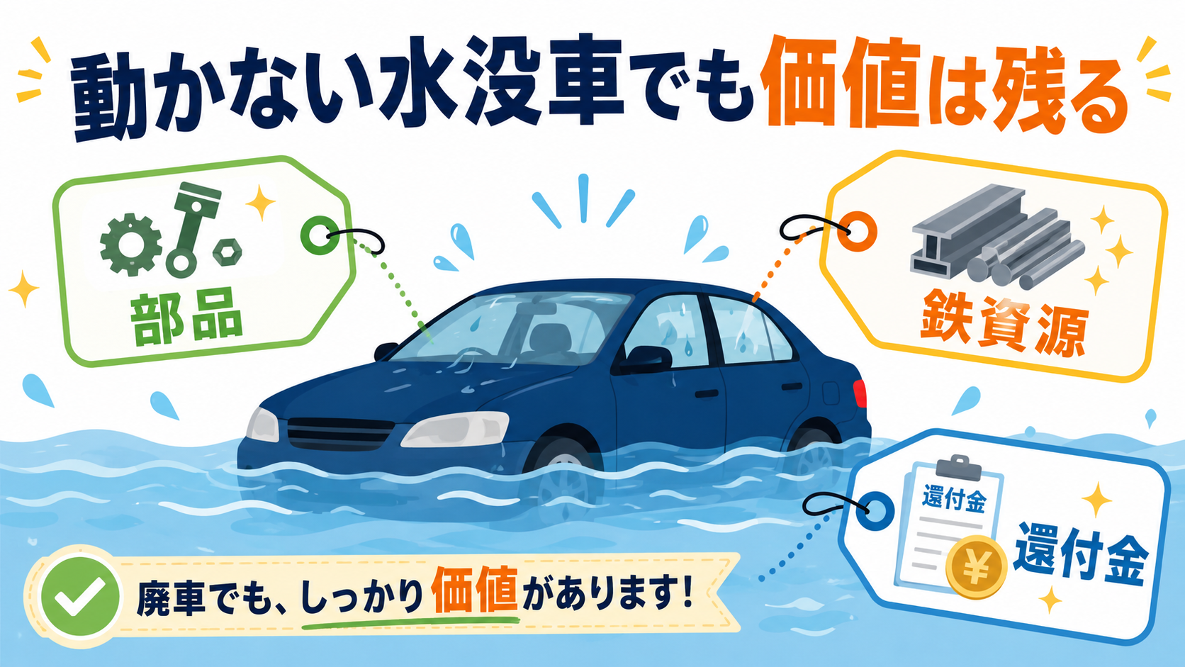 動かない水没車でも価値は残る。部品・鉄資源・還付金の3つの価値が値札で示された図解