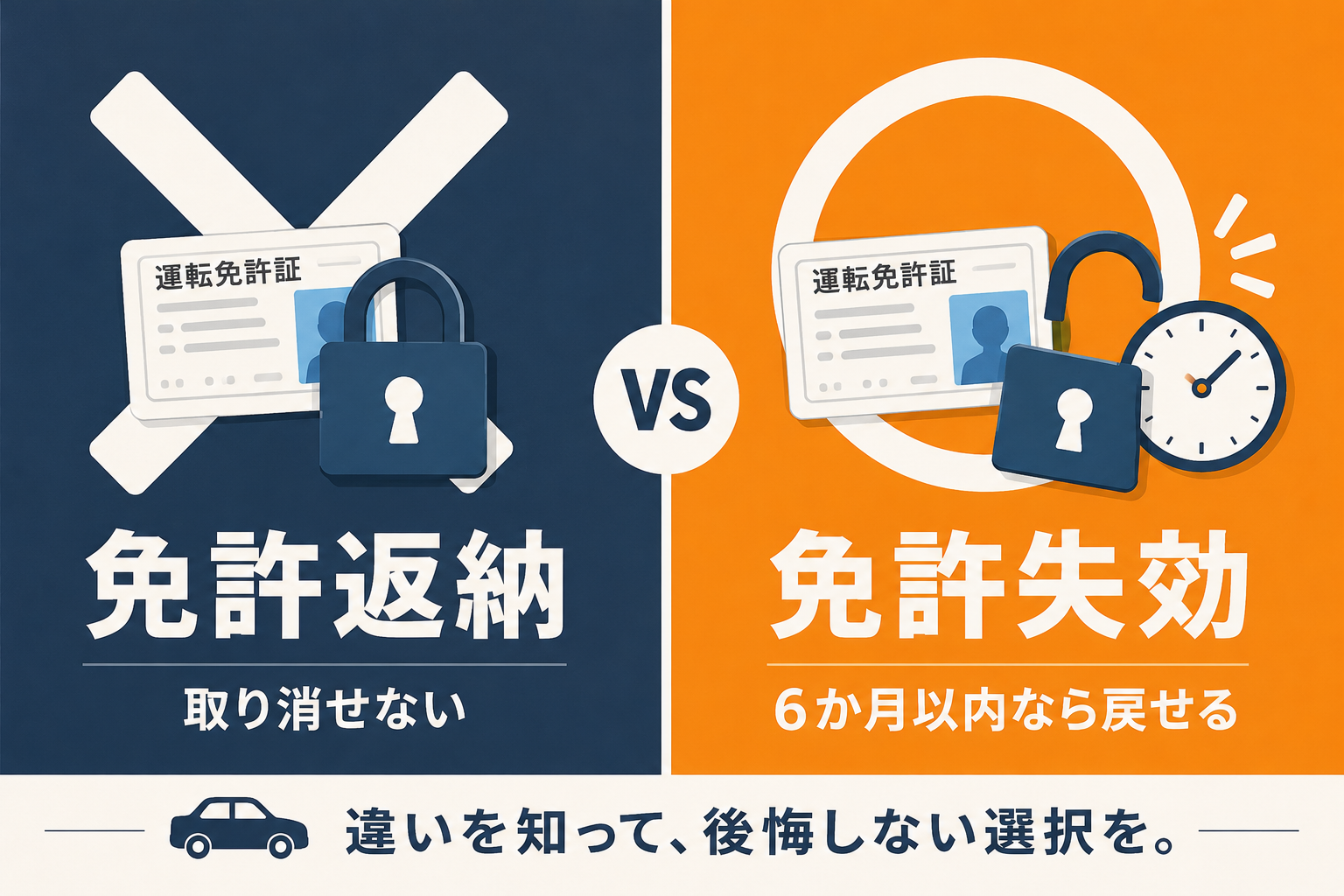 免許返納は取り消せない、免許失効は6か月以内なら戻せる対比図解
