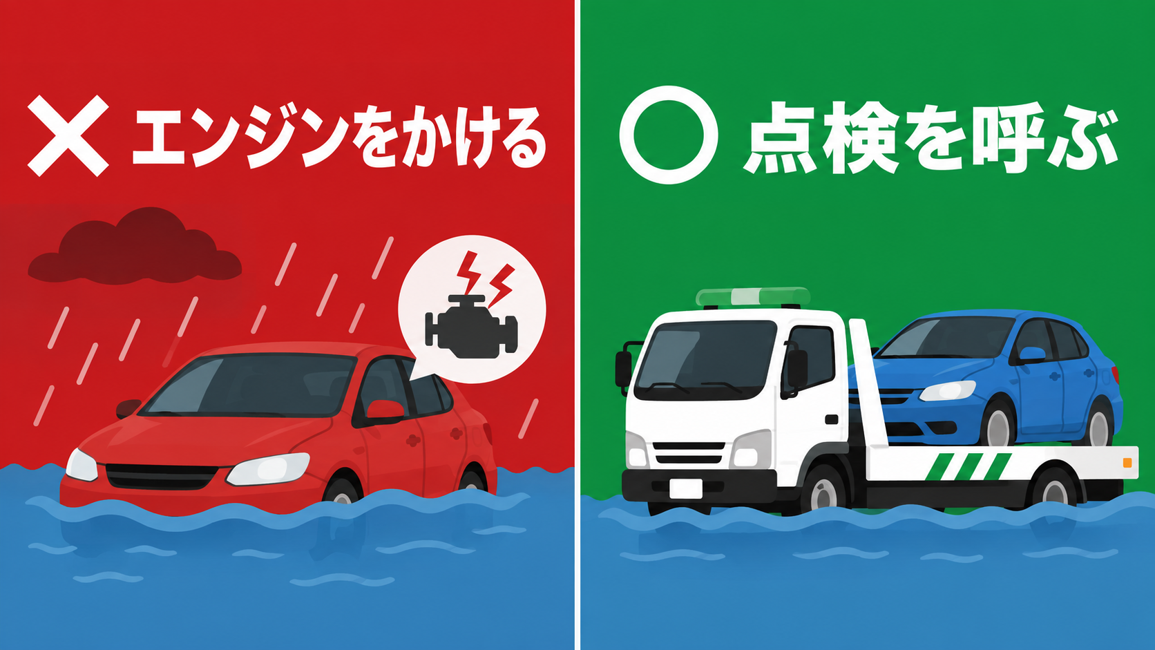 冠水車はエンジンをかけない・点検を呼ぶの対比バナー(左:エンジンをかける✕/右:点検を呼ぶ◯)