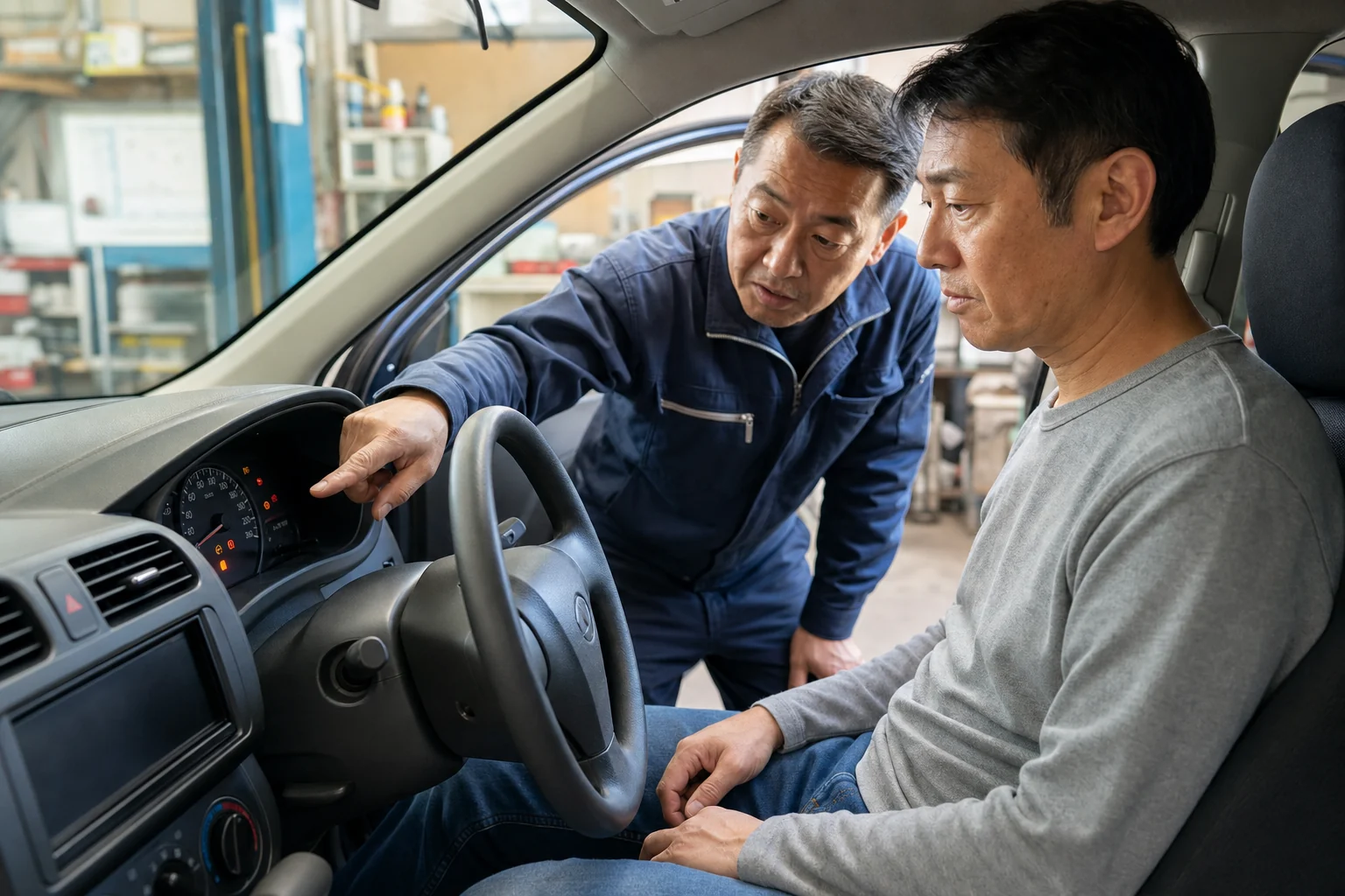 車の警告灯を確認する整備士とドライバー