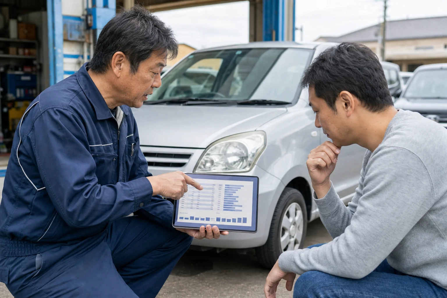 中古車オークション相場から査定額が決まる仕組みを説明する整備士
