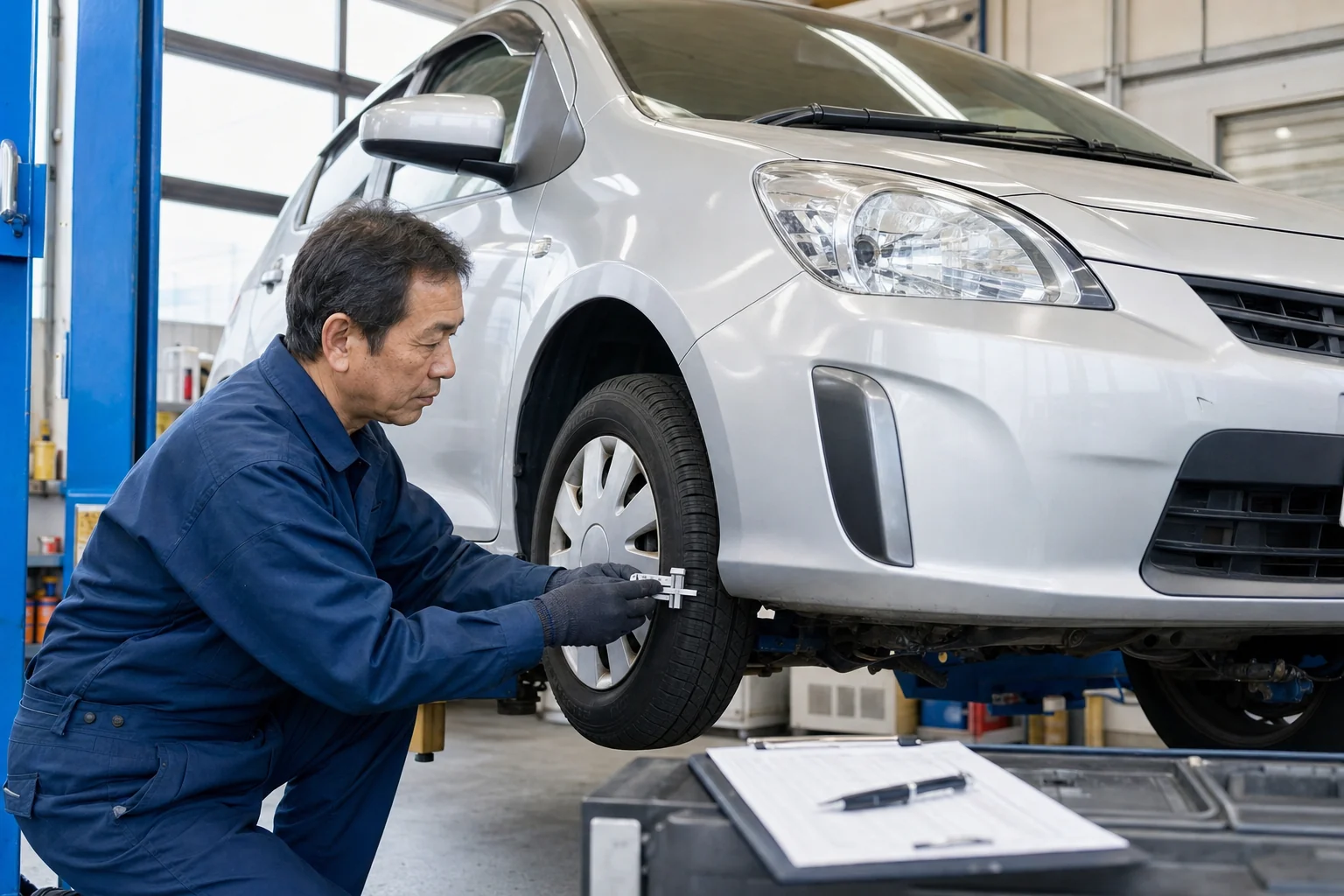 車検前にタイヤを点検する整備士